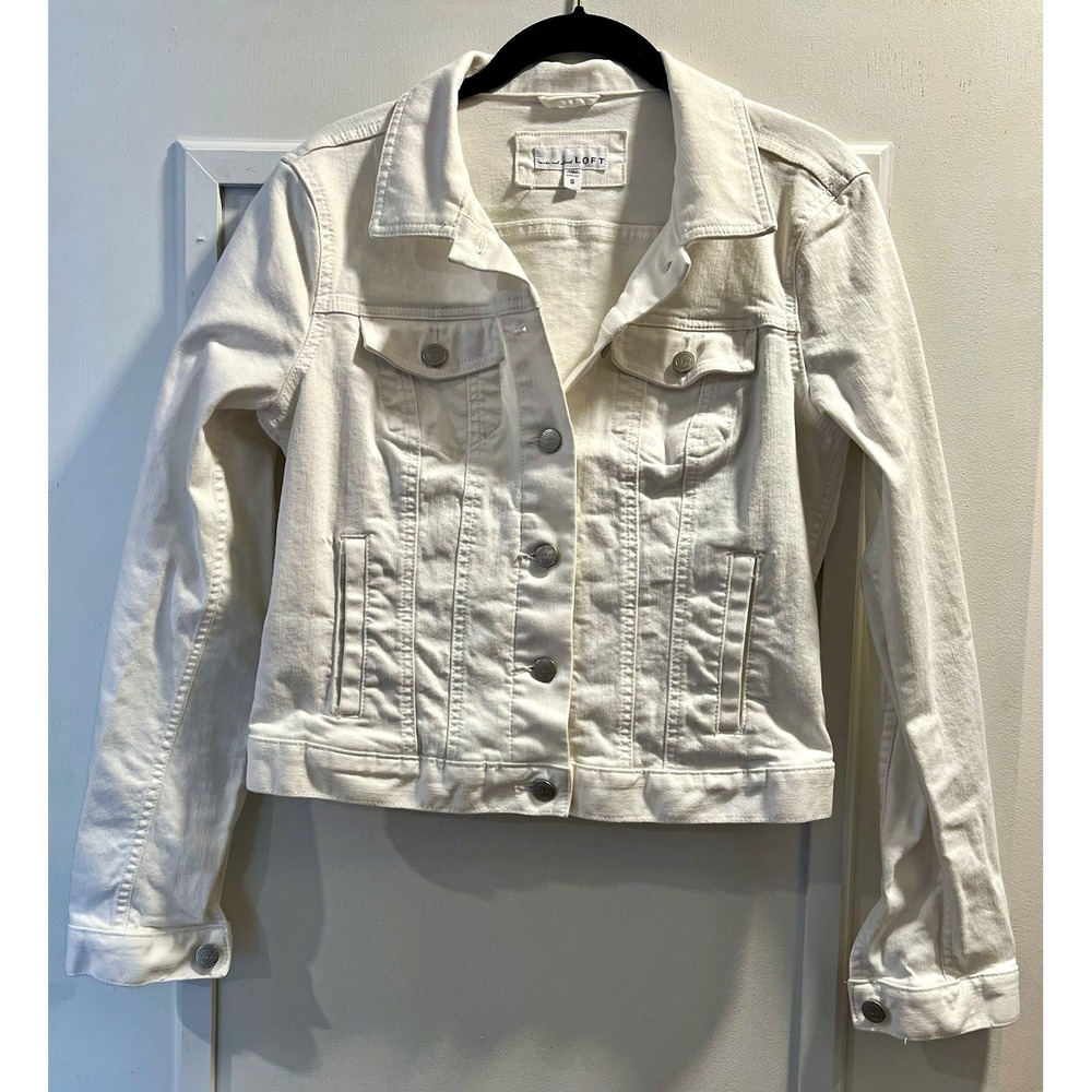 LOFT Women’s White Denim Jacket Size S 38” Chest Adjustable Waist Cotton Blend